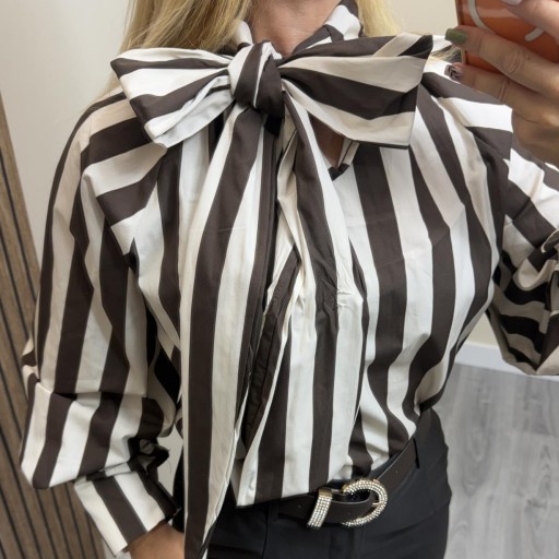 Blusa de Rayas con Lazada al Cuello Mujer Marrón  [1]