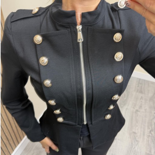 Chaqueta Militar Mujer con Botones Joya y Cremallera Negro [1]