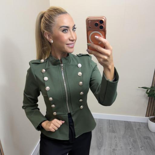 Chaqueta Militar Mujer con Botones Joya y Cremallera Verde