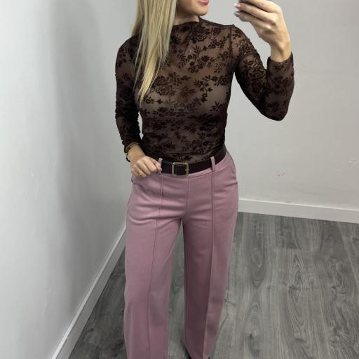 Pantalón Palazzo de Paño con Cintura Alta Rosa