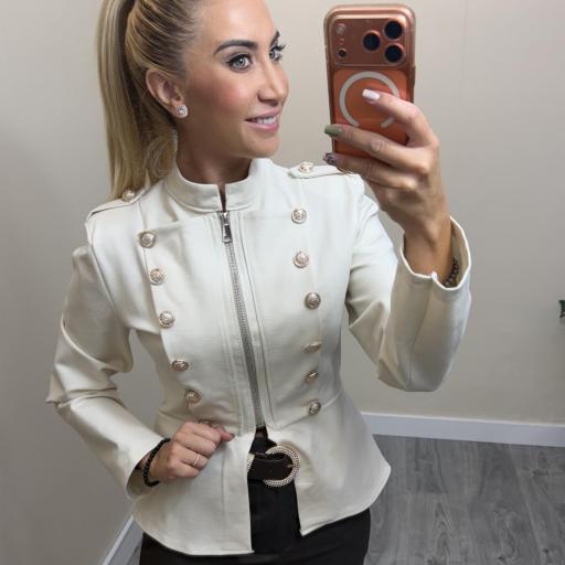 Chaqueta Militar Mujer con Botones Joya y Cremallera Beige
