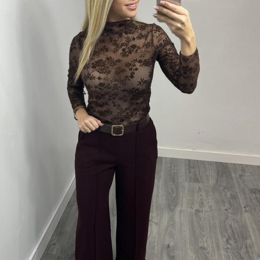 Pantalón Palazzo de Paño con Cintura Alta Burdeos