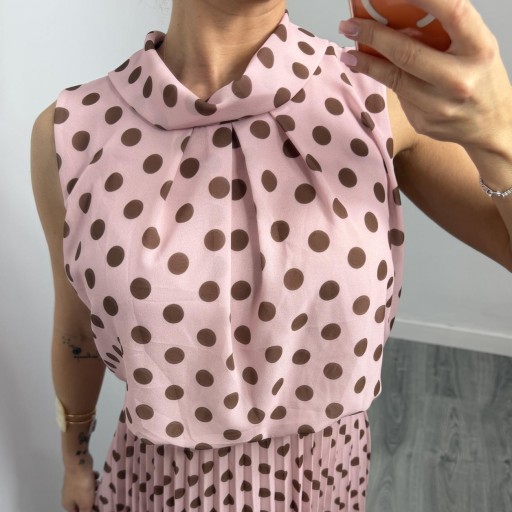 Vestido Largo Plisado de Lunares Mujer | Elegante Fiesta Invitada Rosa [1]