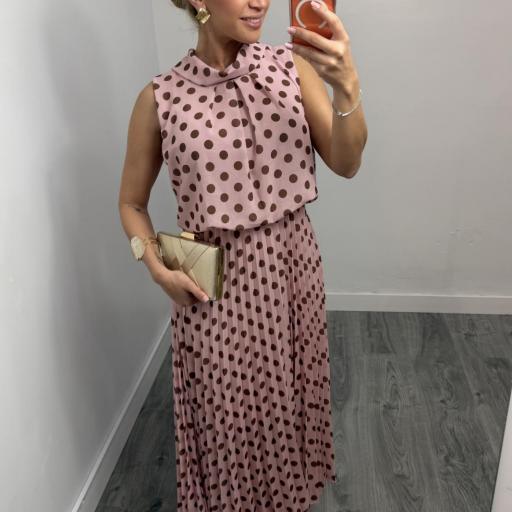 Vestido Largo Plisado de Lunares Mujer | Elegante Fiesta Invitada Rosa [0]