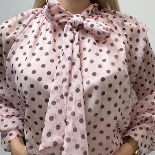 Blusa Mujer Elegante de Lunares con Lazo  Rosa [1]