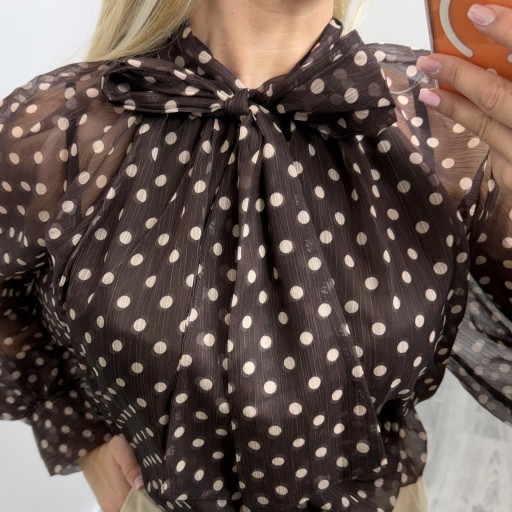 Blusa Mujer Elegante de Lunares con Lazo Marrón  [1]