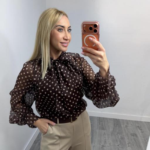Blusa Mujer Elegante de Lunares con Lazo Marrón 