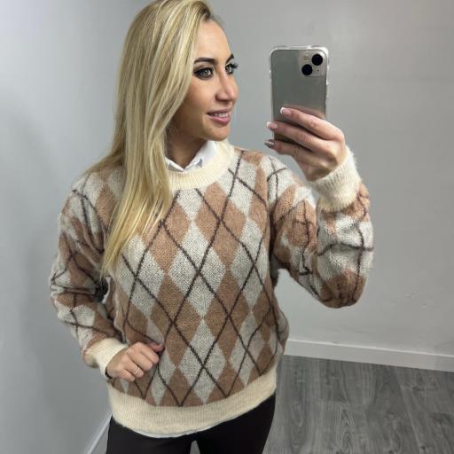 Jersey de Punto Rombo Beige y Marrón