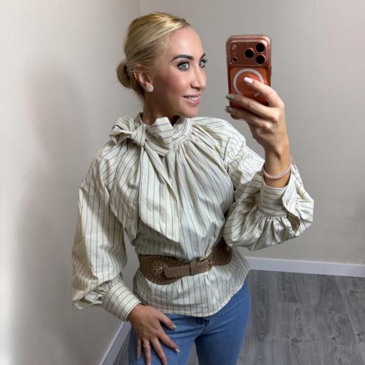 Blusa de Rayas con Lazada al Cuello y Mangas Abullonadas Beige