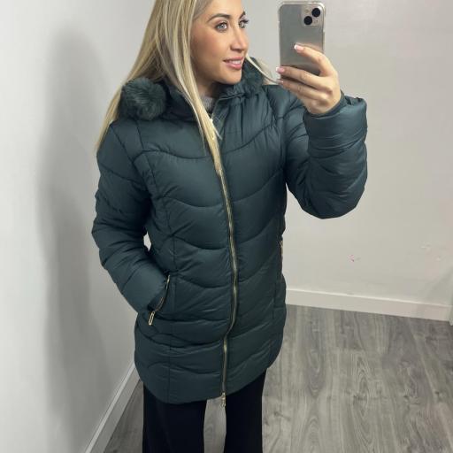 Abrigo Acolchado Verde Mujer con Capucha y Forro Interior