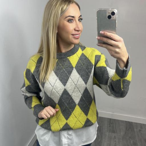 Jersey Mujer de punto rombos gris y amarillo [0]