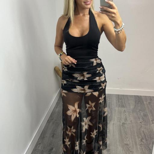 Falda Larga de flores mujer Boho Chic Negro [0]