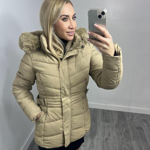 Chaqueta acolchada de mujer con gorro desmontable beige