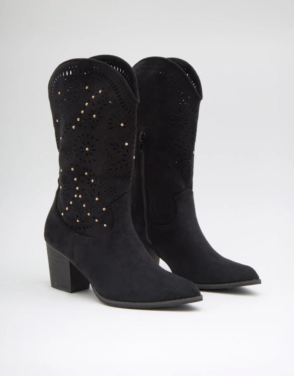 Botas cowboy con tacón y troquelado floral Y tachuela negro