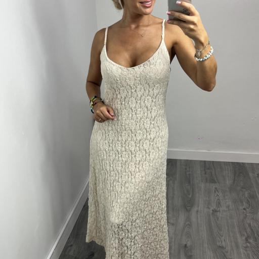 Vestido Mujer Midi de Encaje con Tirantes Finos Candela beige
