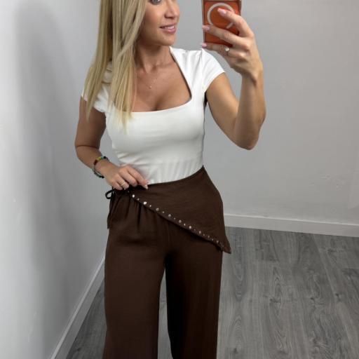 Pantalón Palazzo con Pañuelo y Tachas – Pantalón Fluido Mujer Lino Marrón  [0]