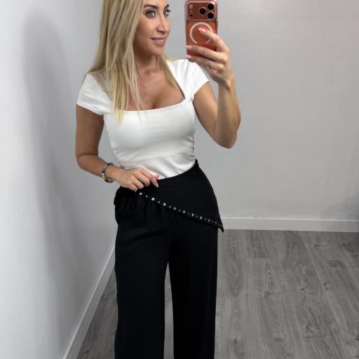 Pantalón Palazzo con Pañuelo y Tachas – Pantalón Fluido Mujer Lino Negro [0]
