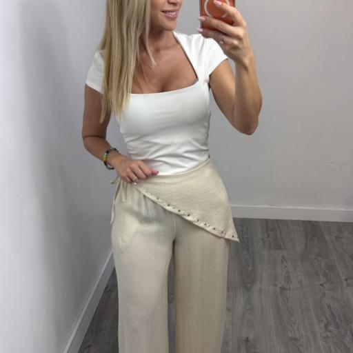Pantalón Palazzo con Pañuelo y Tachas – Pantalón Fluido Mujer Lino Beige [0]