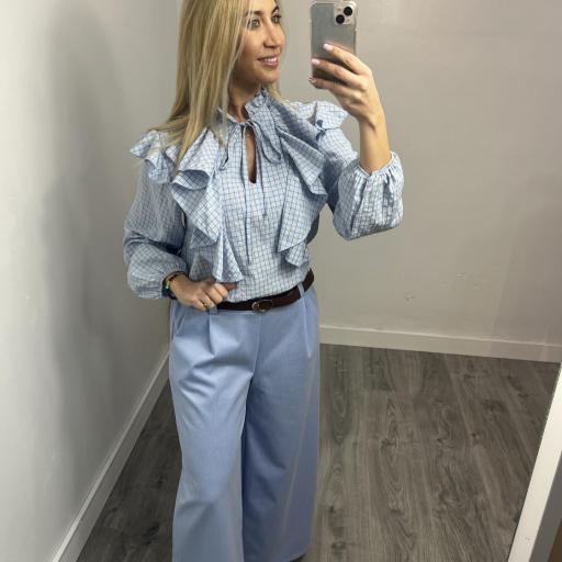 Pantalón palazzo elástico de mujer Celeste