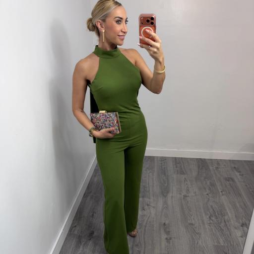 Mono Largo Verde Oliva Elegante con Espalda Abierta para Mujer Halter