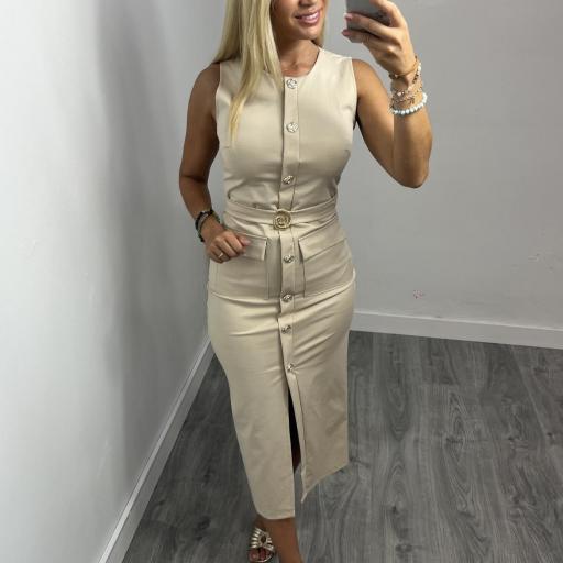 Vestido  Mujer Midi beige  con botones Genoveva