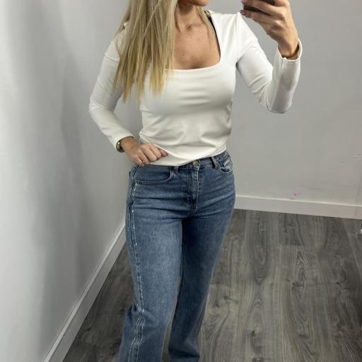 Vaquero Wide Leg Mujer Tiro Alto con Detalle Lateral Brillante