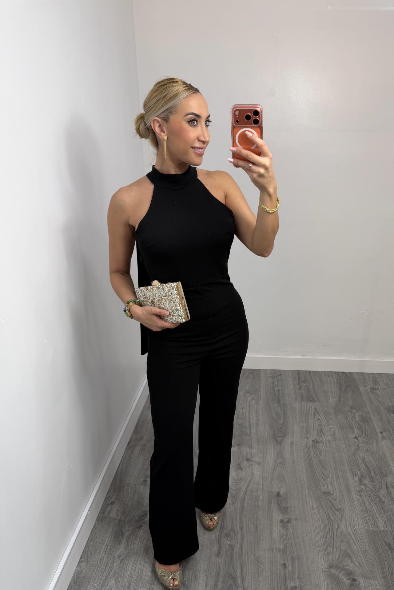Mono Largo Negro Elegante con Espalda Abierta para Mujer Halter