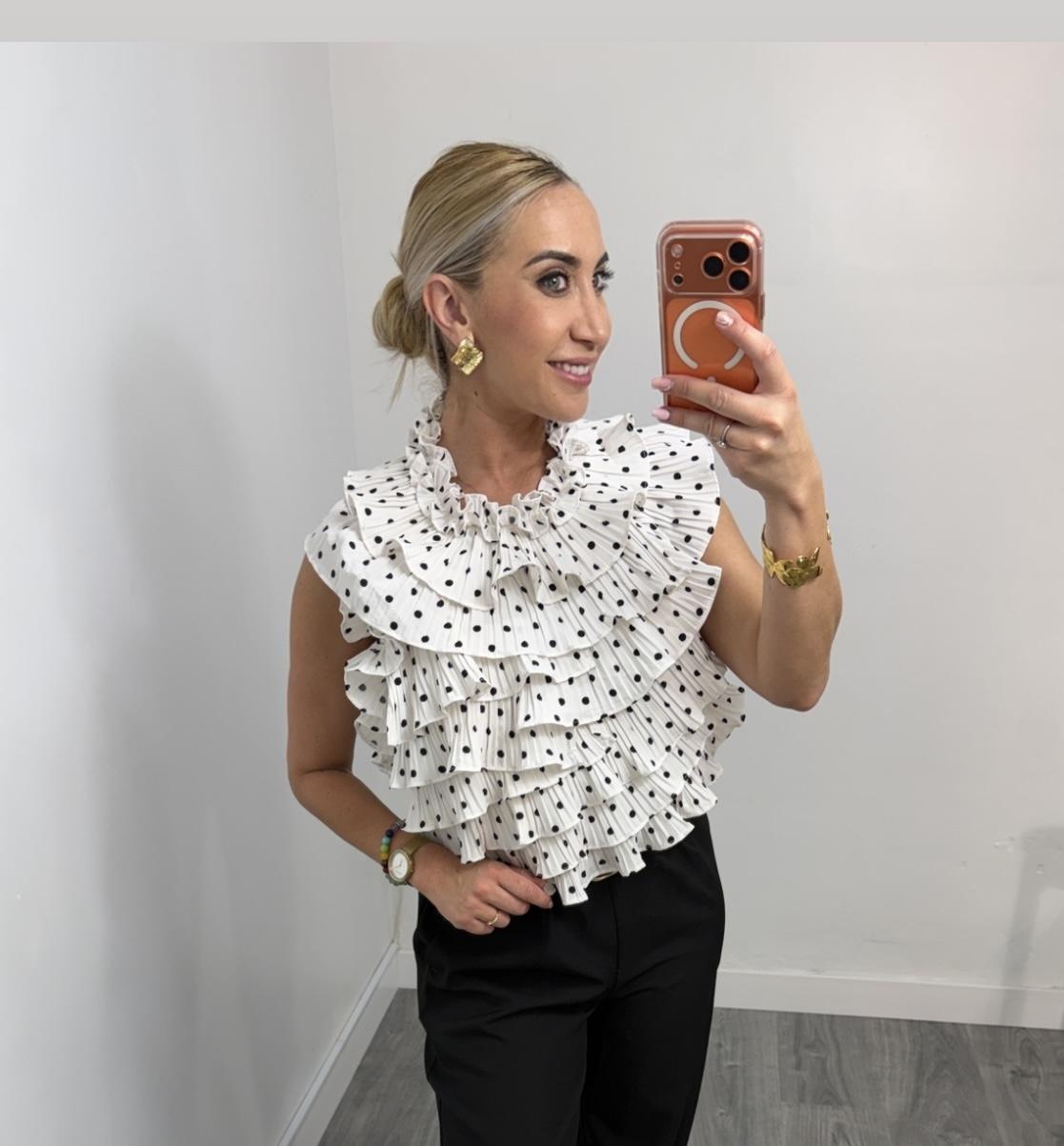 Top Volantes Lunares Blanco y Negro | Top Elegante Espalda Abierta Mujer – Malika