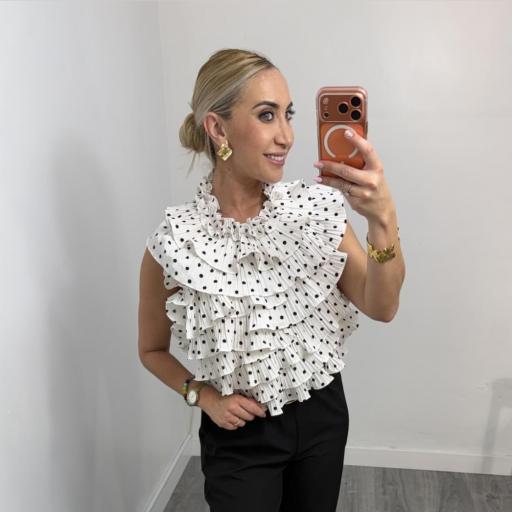 Top Volantes Lunares Blanco y Negro | Top Elegante Espalda Abierta Mujer – Malika [0]