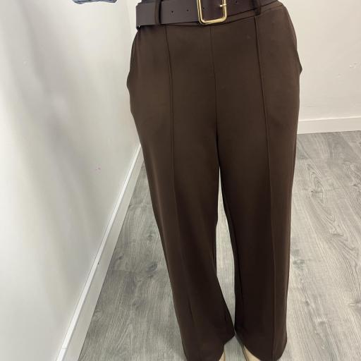 Pantalón Palazzo Mujer de Punto Elástico con Cinturón Marrón  [2]