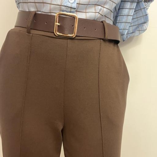 Pantalón Palazzo Mujer de Punto Elástico con Cinturón Marrón  [1]