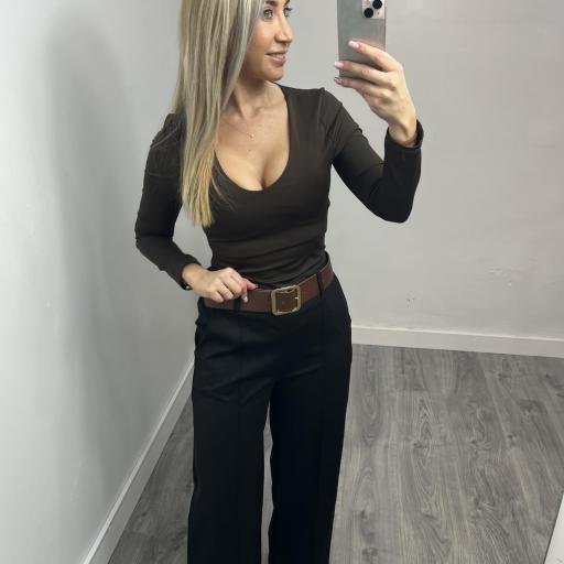 Pantalón Palazzo Mujer de Punto Elástico con Cinturón Negro