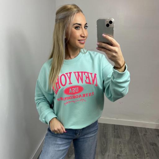 Sudadera Oversize Mujer Verde Agua New York