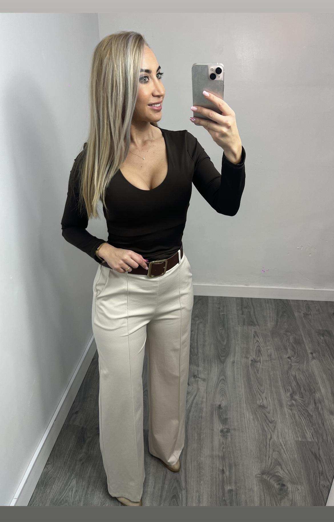 Pantalón Palazzo Mujer de Punto Elástico con Cinturón Beige