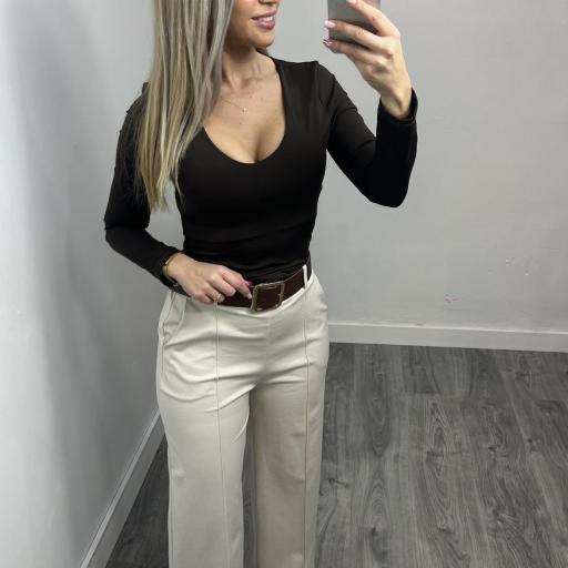 Pantalón Palazzo Mujer de Punto Elástico con Cinturón Beige 