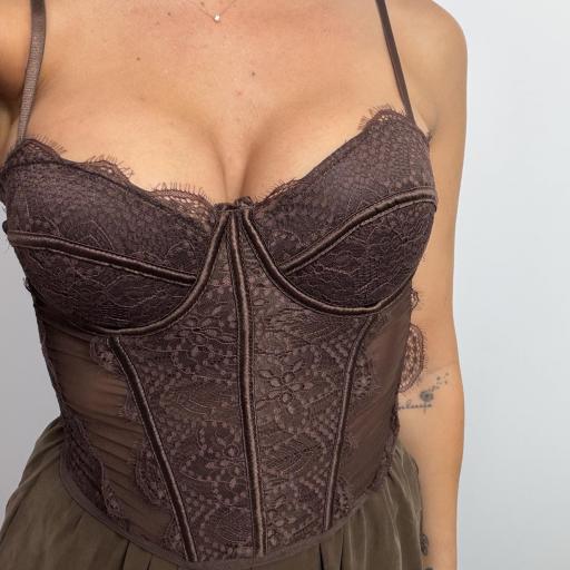 Corsé de Encaje Mujer | Top Tendencia Elegante Marrón  [1]