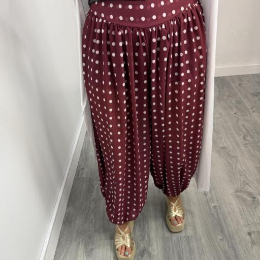 Pantalón Bombacho de Lunares Blanco y Burdeos para Mujer [1]
