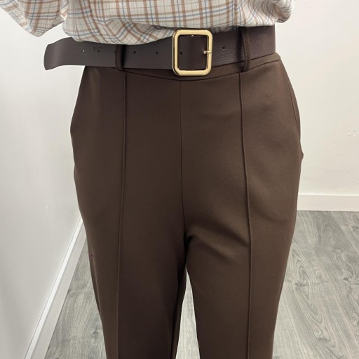 Pantalón Palazzo Mujer de Punto Elástico con Cinturón Marrón  [1]