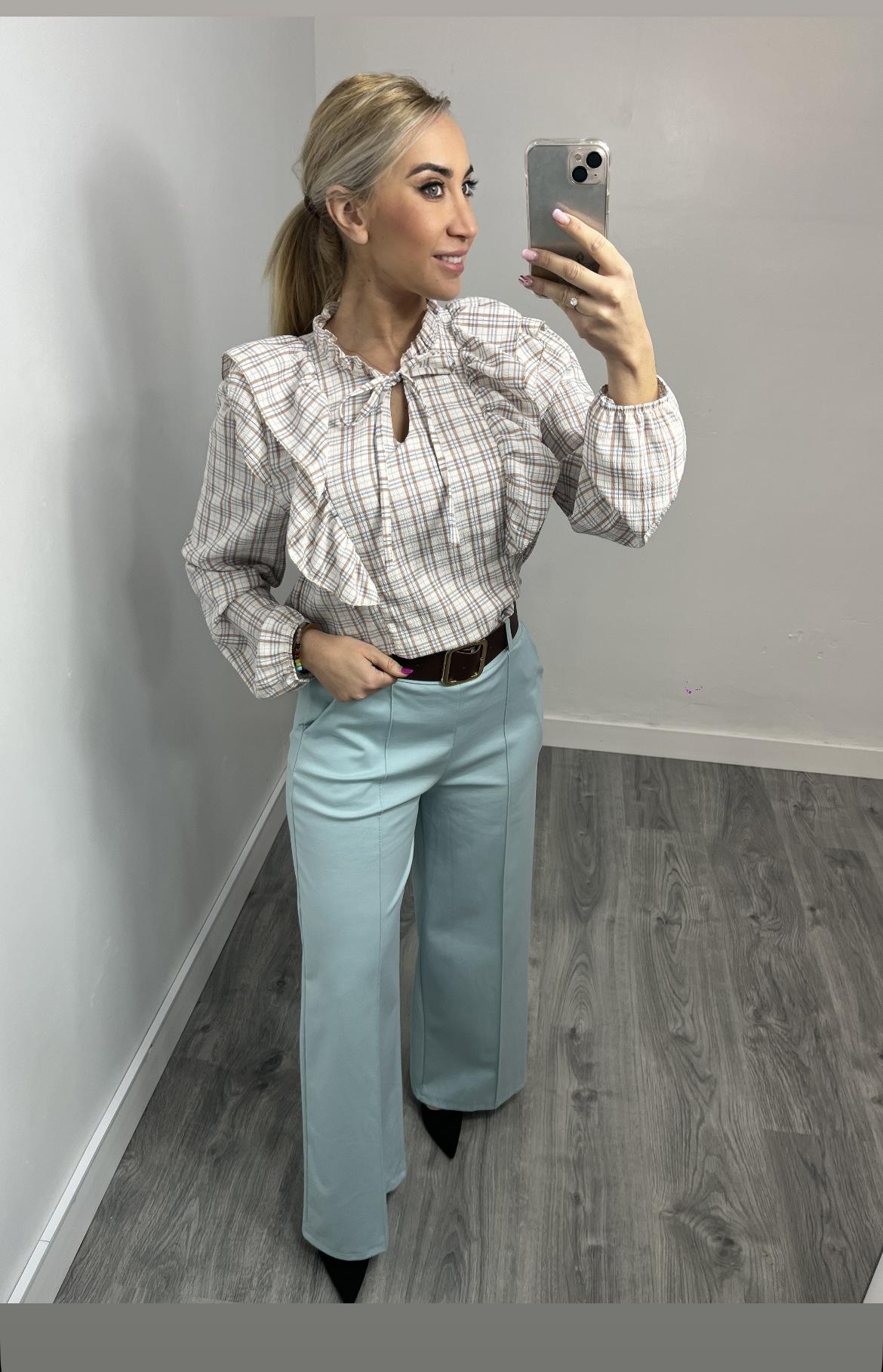 Pantalón Palazzo Mujer de Punto Elástico con Cinturón Celeste