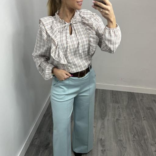 Pantalón Palazzo Mujer de Punto Elástico con Cinturón Celeste