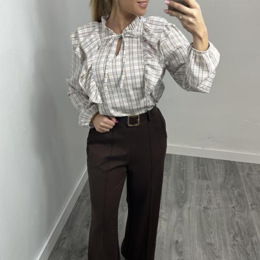 Pantalón Palazzo Mujer de Punto Elástico con Cinturón Marrón 