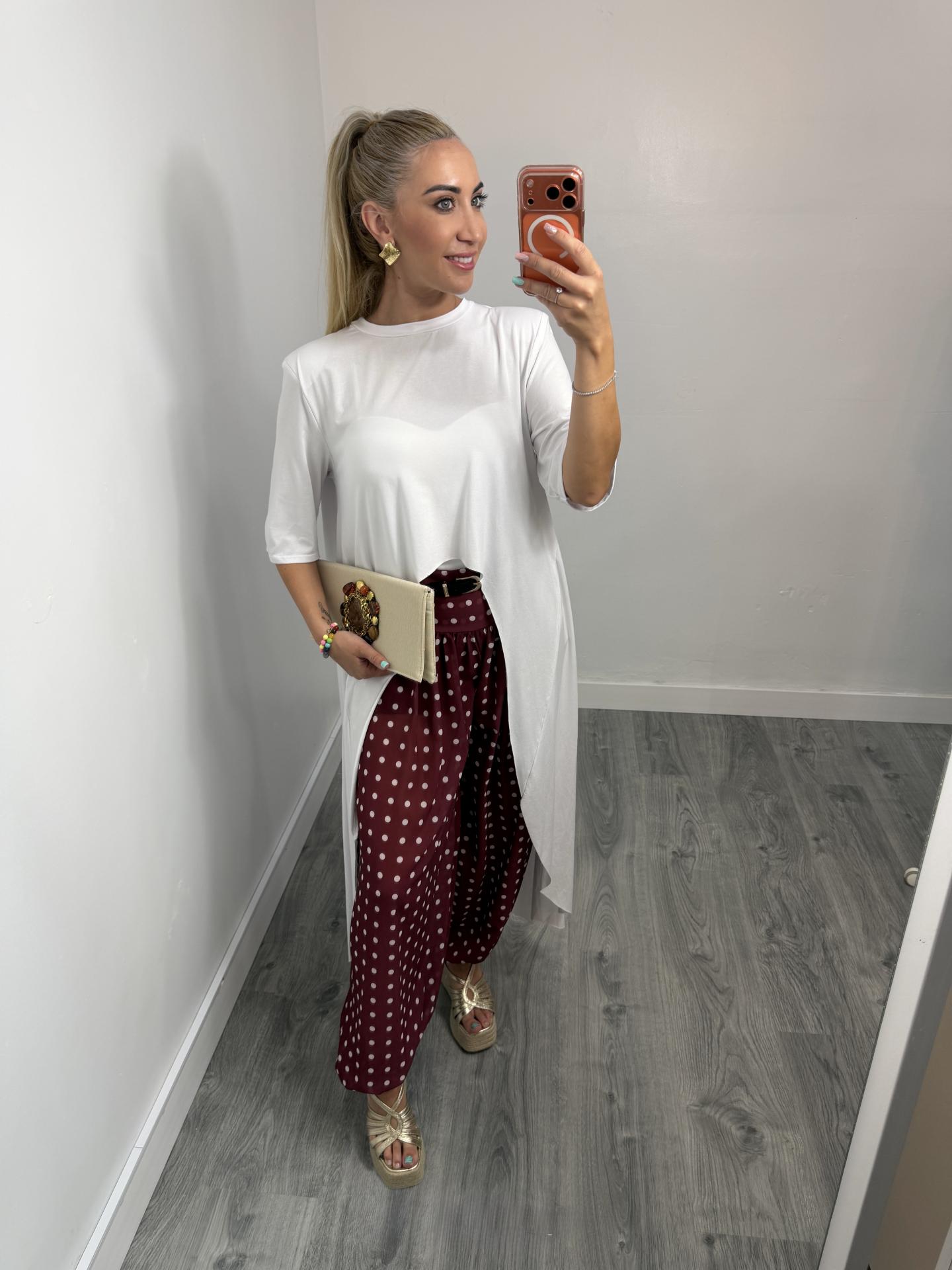 Pantalón Bombacho de Lunares Blanco y Burdeos para Mujer