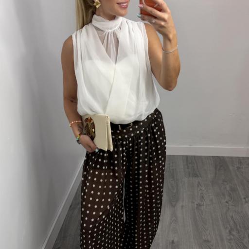 Pantalón Bombacho de Lunares Blanco y Marrón para Mujer [0]
