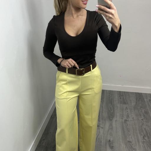 Pantalón Palazzo Mujer de Punto Elástico con Cinturón Amarillo [0]