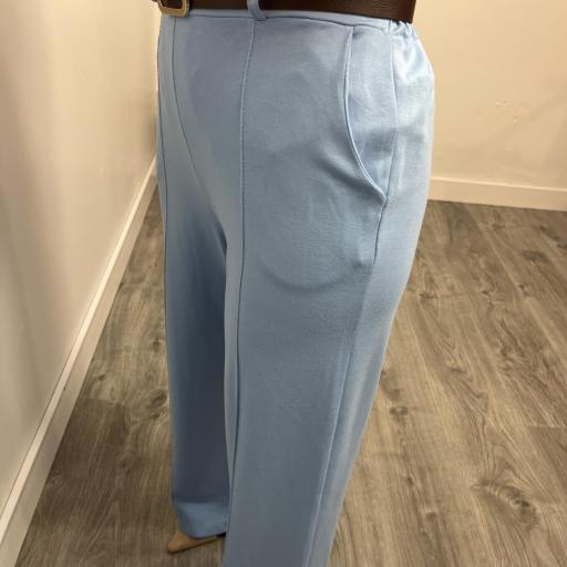 Pantalón Palazzo Mujer de Punto Elástico con Cinturón Celeste [2]
