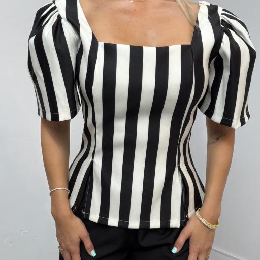 Blusa Mujer de Rayas Negro  con Manga Abullonada [1]