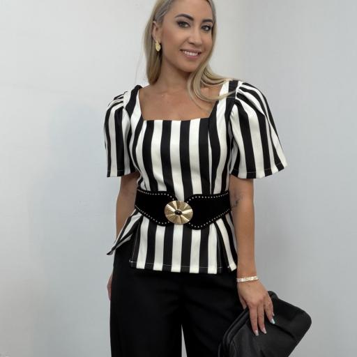 Blusa Mujer de Rayas Negro  con Manga Abullonada [0]