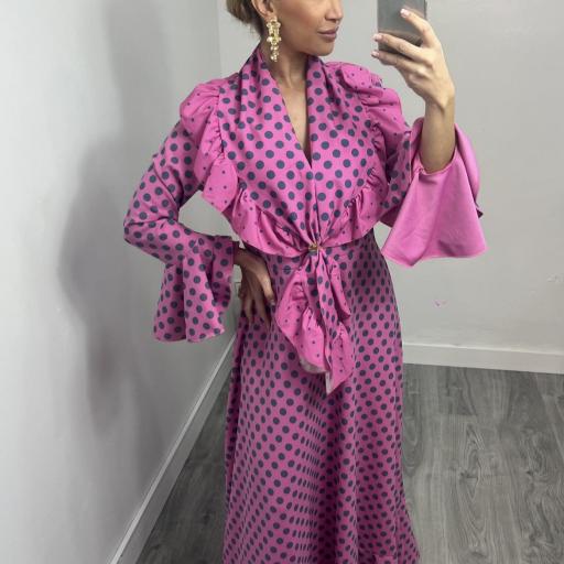 Bata Rociera de Lunares con Escote en V y Tejido Elástico SEÚL Fucsia