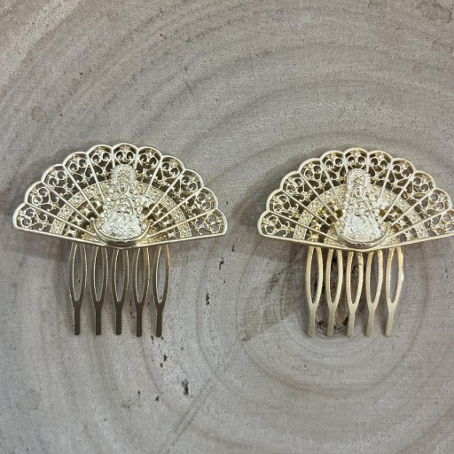 Peina Flamenca Dorada Abanico con Virgen del Rocio