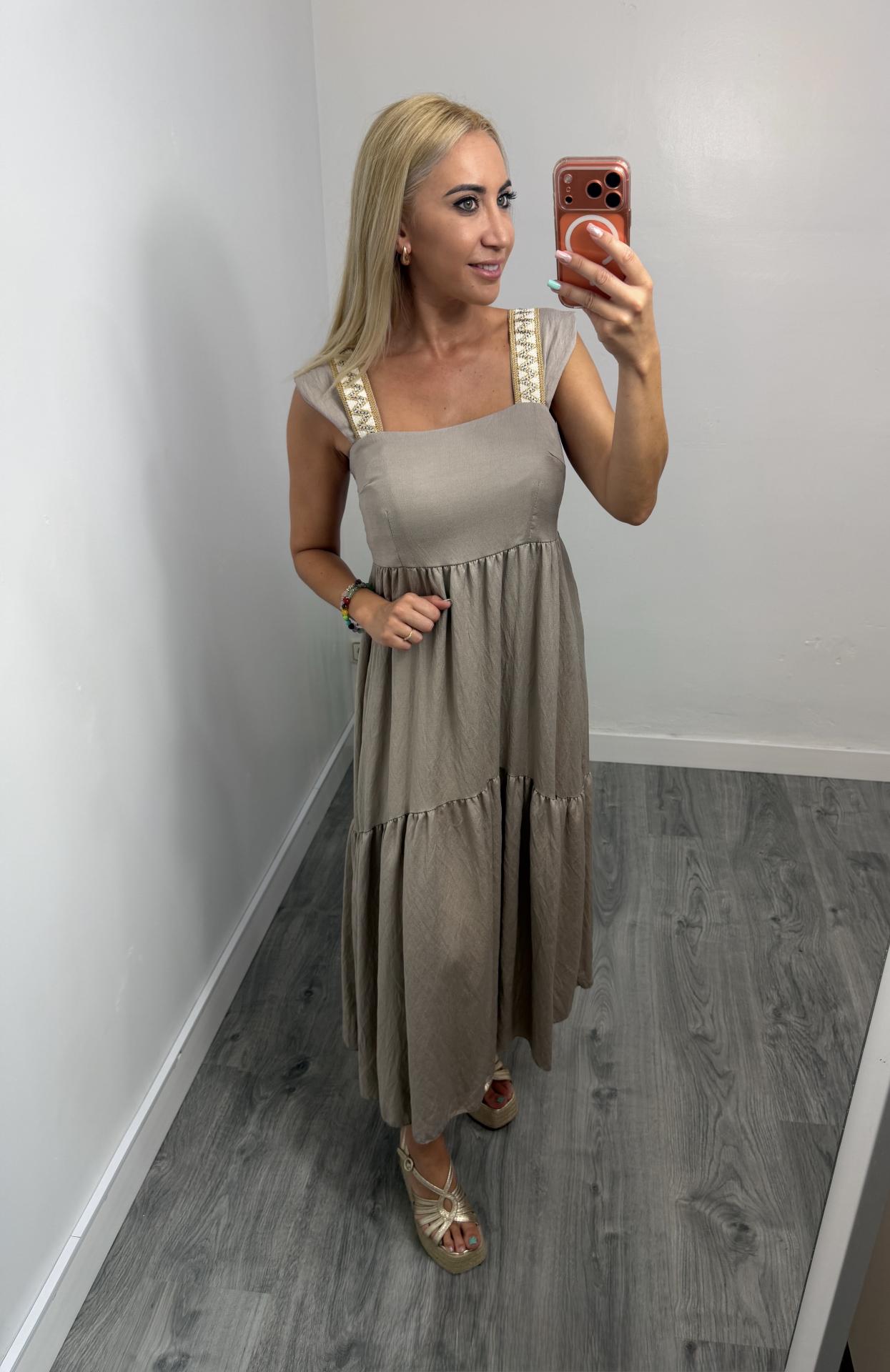 Vestido Midi Atenea Boho Chic con Tirantes Bordados Taupe